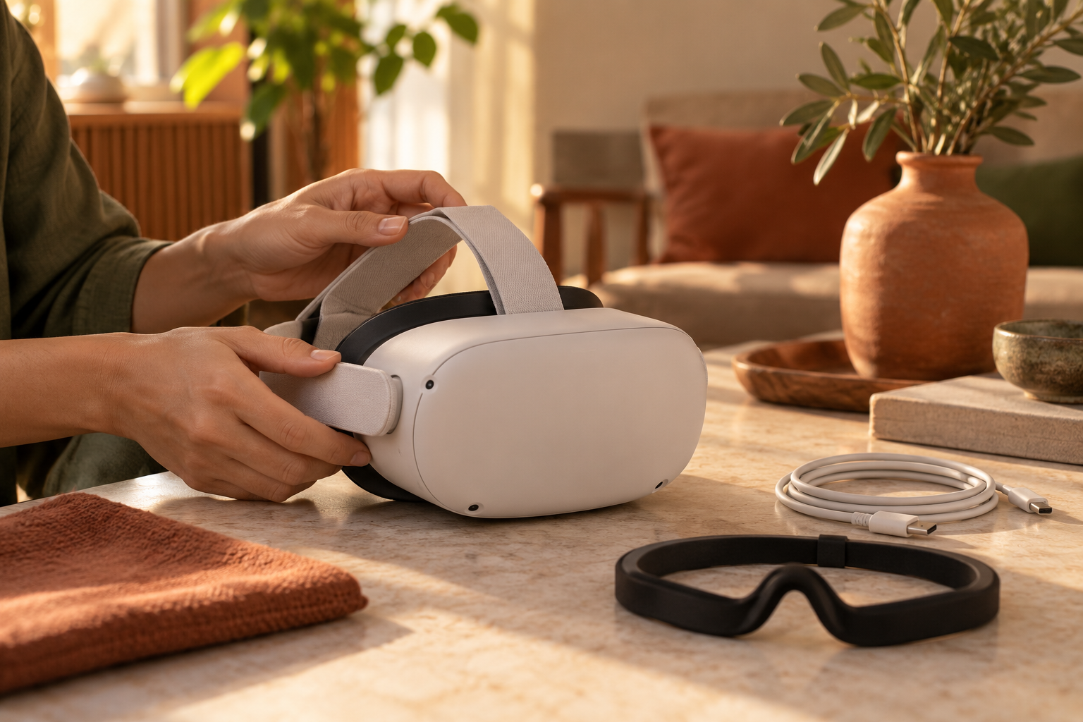 Headset bersama kabel pengecas dan aksesori